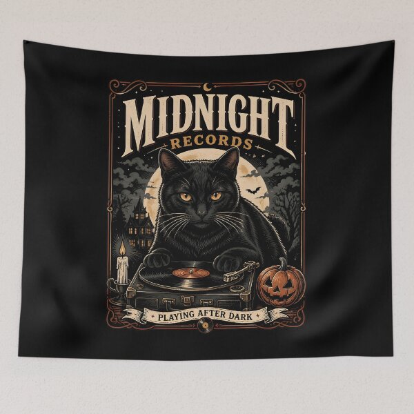Artikelvorschau, Midnight Records Schwarze Katze Halloween Retro-Poster entworfen und verkauft von KristenosNehk.