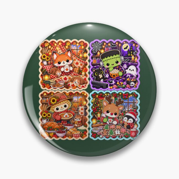 Item preview, Kawaii Seasonal Holiday Collage – Cute Fall Fox, Halloween Frankenstein, Thanksgiving Scarecrow & Christmas Reindeer Design designed and sold by ALH Apparel.