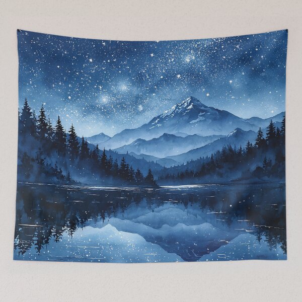 Item preview, Starry Night Mountain Lake Watercolor Landscape Print designed and sold by Nine Lives Studio.