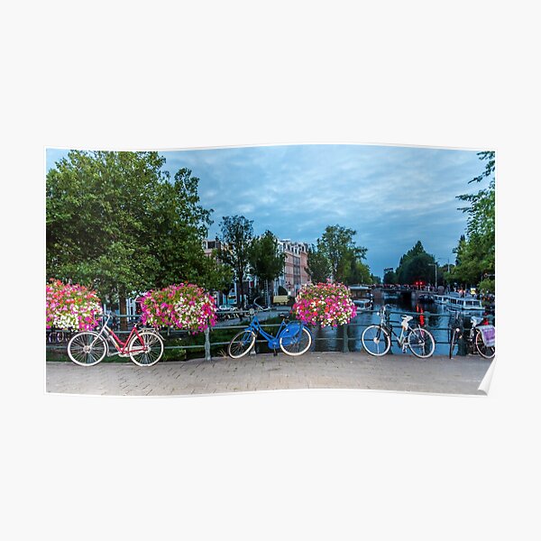 Bicycles and Flowers on a Bridge in Amsterdam Poster