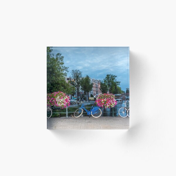 Bicycles and Flowers on a Bridge in Amsterdam Acrylic Block