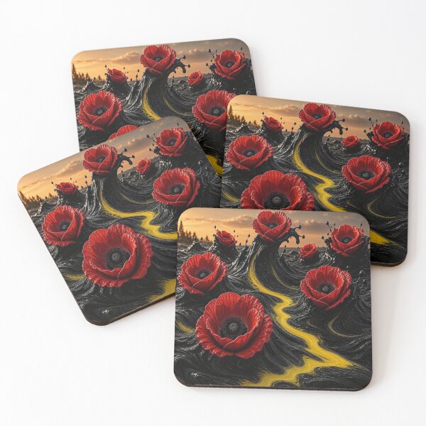Item preview, Surreal Red Poppies on Liquid Black and Gold Waves designed and sold by Breezes-of-Ida.