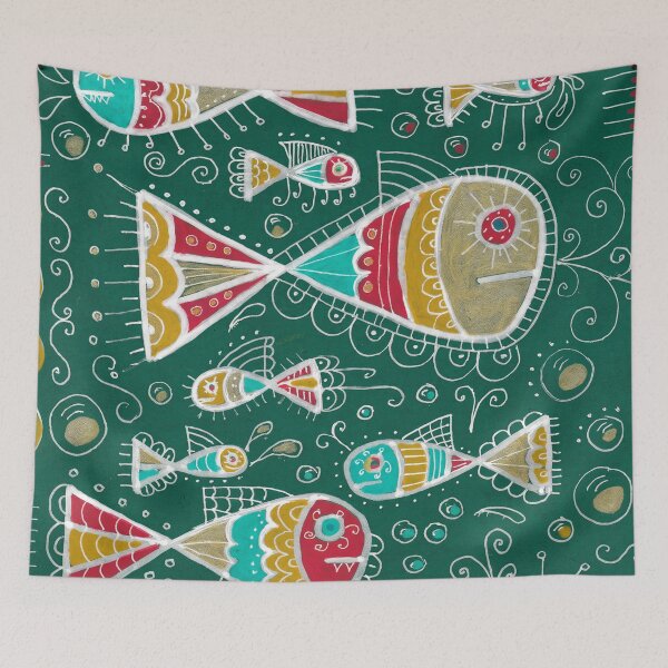 Item preview, Folk Fish Pattern in Coral and Teal designed and sold by Fani*.