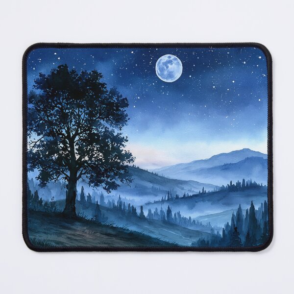 Item preview, Full Moon Night Landscape Watercolor Rolling Hills Print designed and sold by Nine Lives Studio.
