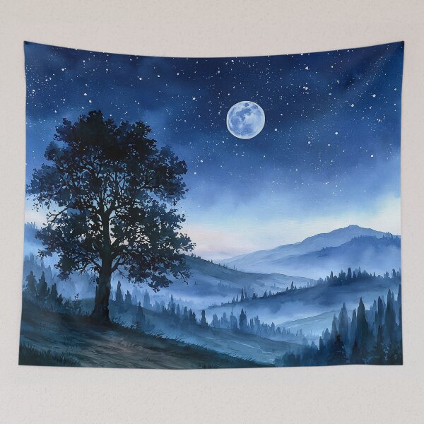 Item preview, Full Moon Night Landscape Watercolor Rolling Hills Print designed and sold by Nine Lives Studio.