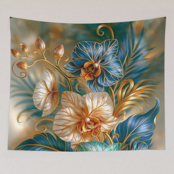 Item preview, Orchid Floral Art in Gold, Green and Blue. designed and sold by MargaretWiktor.