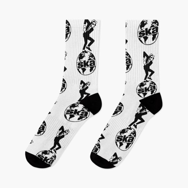 Item preview, Bold black-and-white ska-inspired graphic featuring a classic dancing rude boy stepping across the globe with “ska” worked into the Earth design. designed and sold by PIXEL POP DESIGNS - Beyond the Norm!.