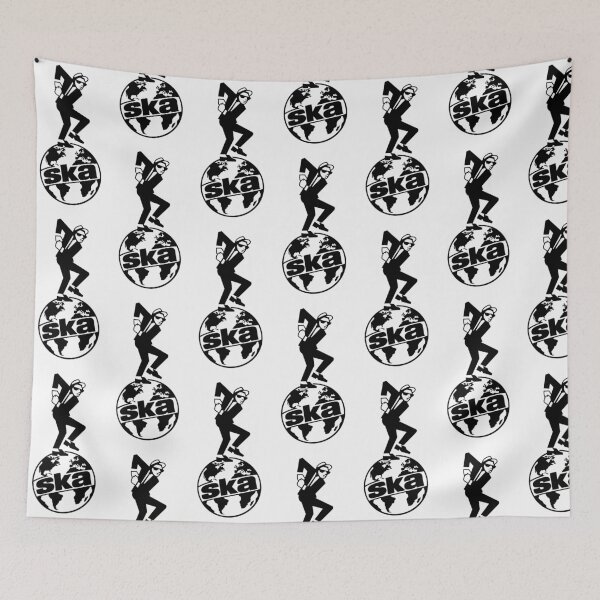 Item preview, Bold black-and-white ska-inspired graphic featuring a classic dancing rude boy stepping across the globe with “ska” worked into the Earth design. designed and sold by PIXEL POP DESIGNS - Beyond the Norm!.