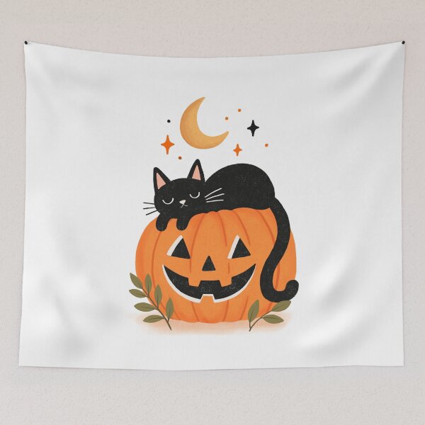 Item preview, Cute black cat sleeping on Jack-o-lantern pumpkin designed and sold by OHBOY! Handmade.