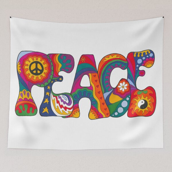Item preview, Rainbow Psychedelic Peace Word Art – White Retro Hippie Design designed and sold by Kellie Espie Art.