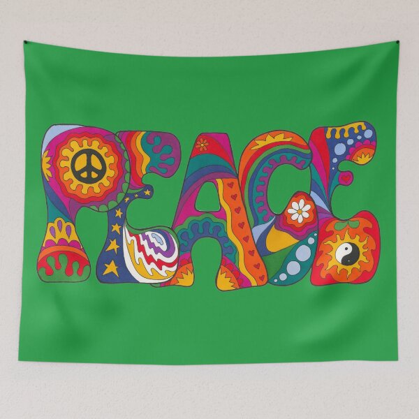 Item preview, Rainbow Peace Word Art – Green Retro Hippie Design designed and sold by Kellie Espie Art.