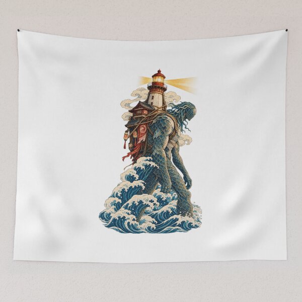 Item preview, Japanese Ocean Guardian Lighthouse Giant – Ukiyo-e Sea Warrior Art designed and sold by Substance_life.