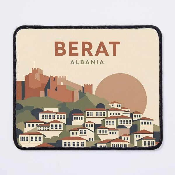 Item preview, Berat Albania Vintage Travel Poster - City of a Thousand Windows Art Print designed and sold by DuckOddity.
