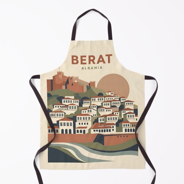 Item preview, Berat Albania Vintage Travel Poster - City of a Thousand Windows Art Print designed and sold by DuckOddity.