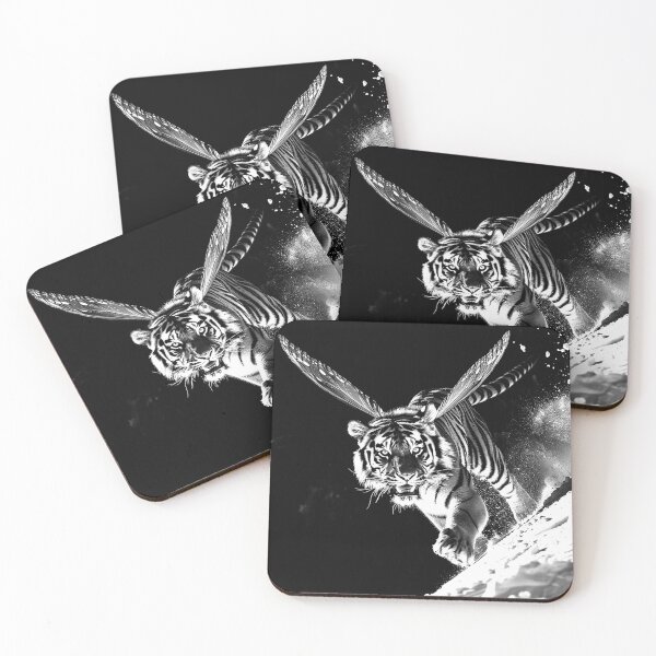 Item preview, Winged Tiger Surreal Butterfly Fantasy Wildlife Monochrome Art Print designed and sold by inkoutninja.