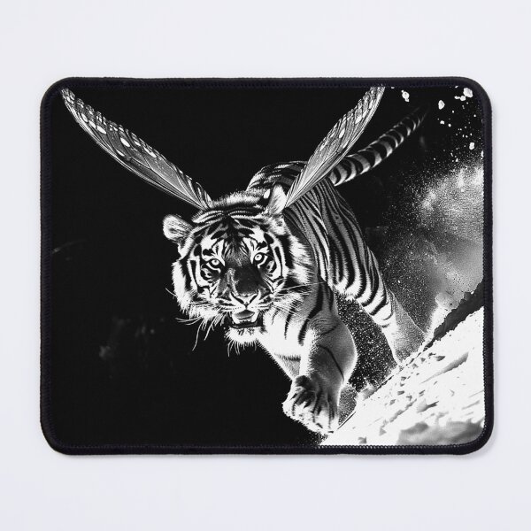 Item preview, Winged Tiger Surreal Butterfly Fantasy Wildlife Monochrome Art Print designed and sold by inkoutninja.