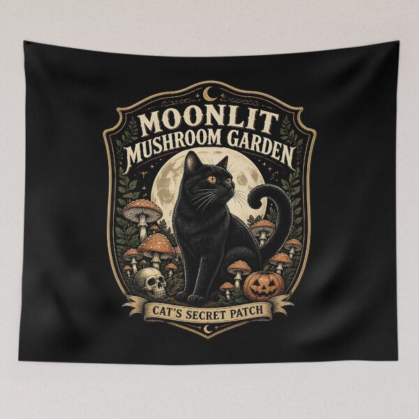 Item preview, Moonlit Mushroom Garden Black Cat Halloween Retro Poster designed and sold by LiviuGligoros.