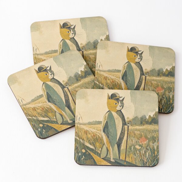 Item preview, Dapper Calico Cat Gentleman Walking in Meadow Art designed and sold by ShieldRockPrints.