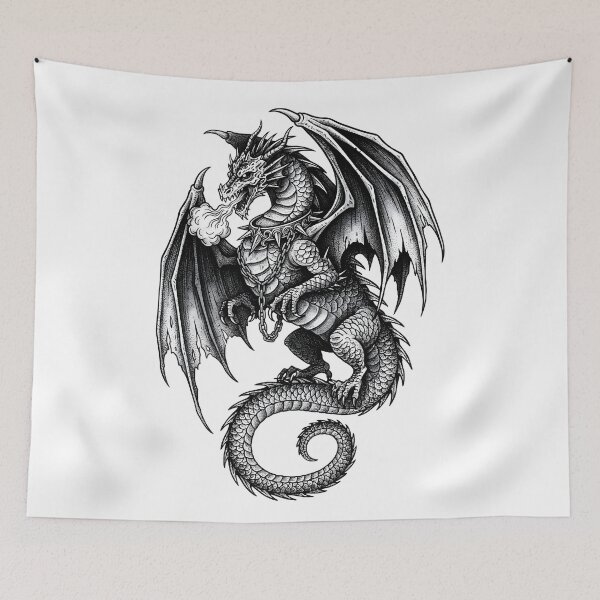 Item preview, Chained Dragon - Detailed Ink Illustration with Spiked Collar designed and sold by DragonSerpent Ink.
