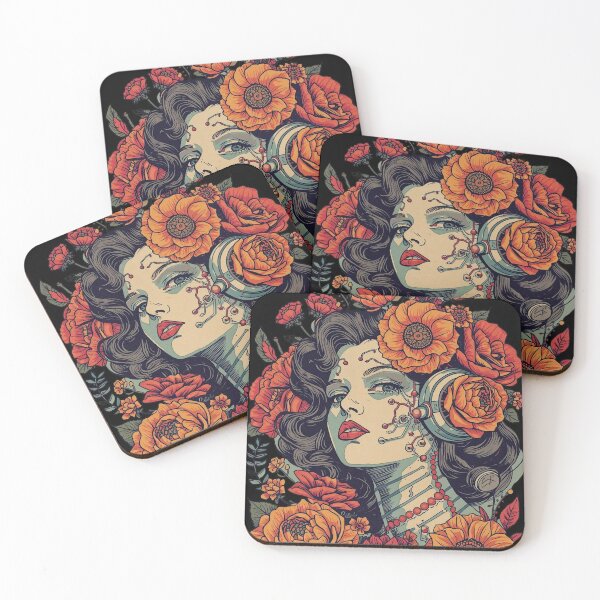 Item preview, Vintage Floral Muse: Retro Cybernetic Portrait Art designed and sold by  Mythical Entanglement.