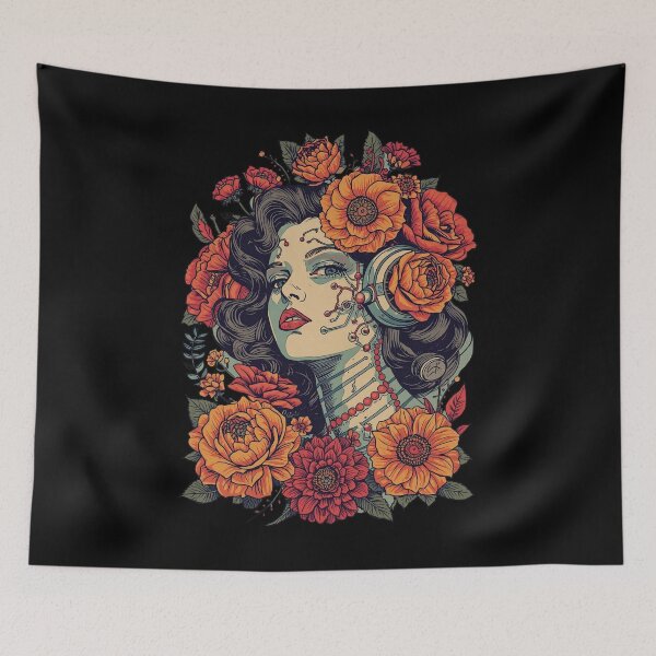 Item preview, Vintage Floral Muse: Retro Cybernetic Portrait Art designed and sold by  Mythical Entanglement.