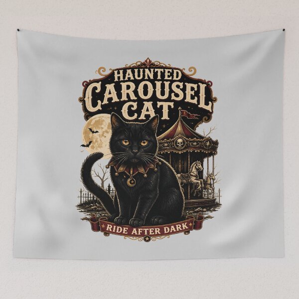 Item preview, Haunted Carousel Cat Black Cat Halloween Retro Poster designed and sold by BernoNickel.