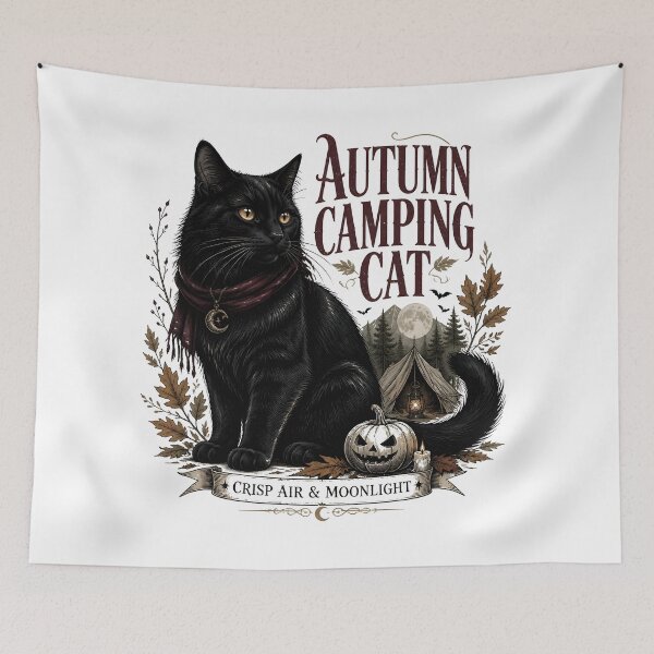 Item preview, Autumn Camping Cat Black Cat Halloween Gothic Storybook Art designed and sold by OliviaHayesArt.