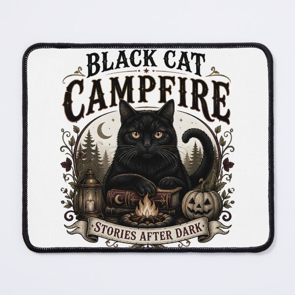 Item preview, Black Cat Campfire Black Cat Halloween Gothic Storybook Art designed and sold by OliviaHayesArt.