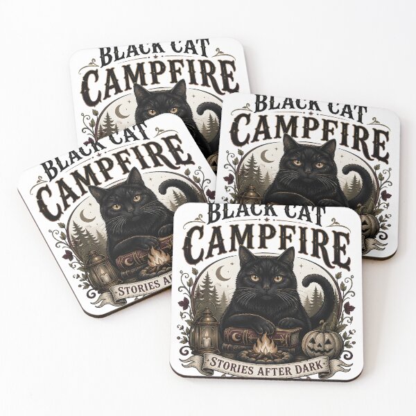 Item preview, Black Cat Campfire Black Cat Halloween Gothic Storybook Art designed and sold by OliviaHayesArt.