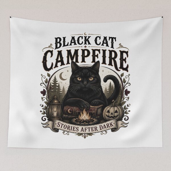 Item preview, Black Cat Campfire Black Cat Halloween Gothic Storybook Art designed and sold by OliviaHayesArt.