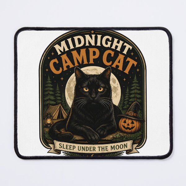 Item preview, Midnight Camp Cat Black Cat Halloween Retro Poster designed and sold by OliviaHayesArt.