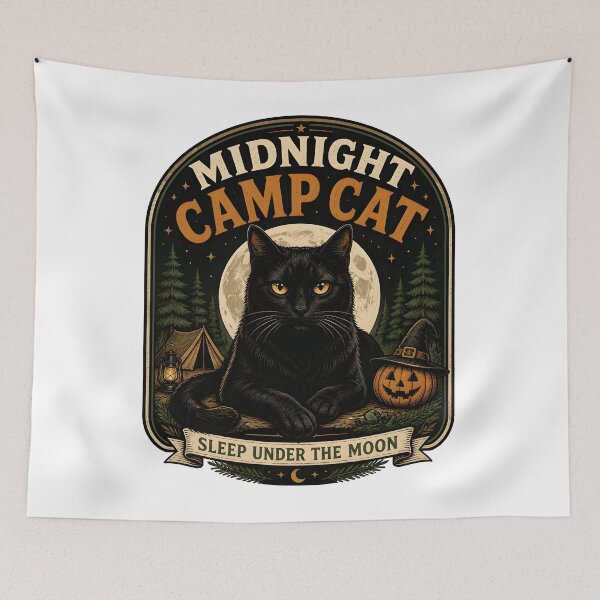 Item preview, Midnight Camp Cat Black Cat Halloween Retro Poster designed and sold by OliviaHayesArt.