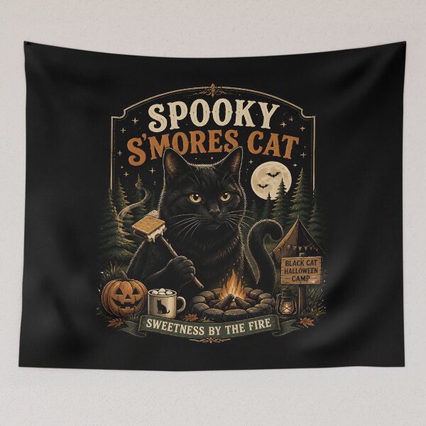 Item preview, Spooky S'Mores Cat Black Cat Halloween Retro Poster designed and sold by OliviaHayesArt.