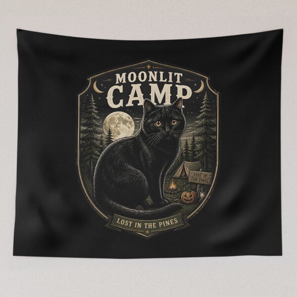 Item preview, Moonlit Camp Black Cat Halloween Retro Poster designed and sold by OliviaHayesArt.
