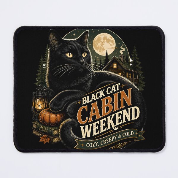 Item preview, Black Cat Cabin Weekend Black Cat Halloween Retro Poster designed and sold by OliviaHayesArt.