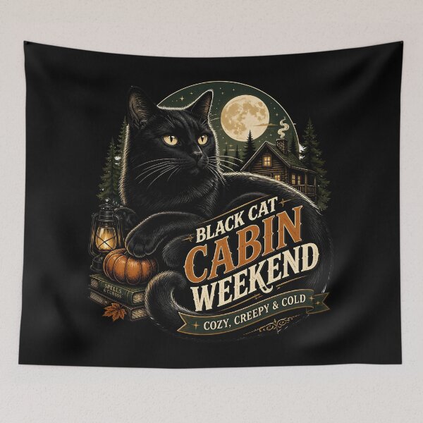 Item preview, Black Cat Cabin Weekend Black Cat Halloween Retro Poster designed and sold by OliviaHayesArt.