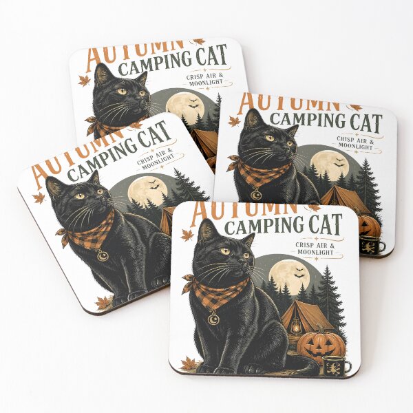Item preview, Autumn Camping Cat Black Cat Halloween Retro Poster designed and sold by OliviaHayesArt.