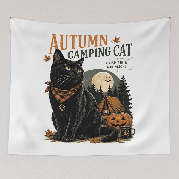 Item preview, Autumn Camping Cat Black Cat Halloween Retro Poster designed and sold by OliviaHayesArt.