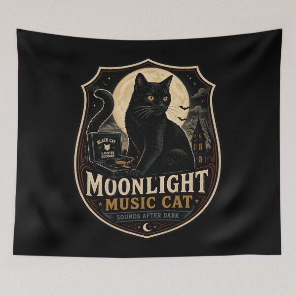 Item preview, Moonlight Music Cat Black Cat Halloween Retro Poster designed and sold by KristenosNehk.