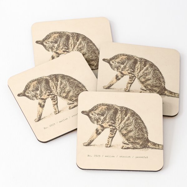 Item preview, Peaceful Stretching Tabby Cat: Vintage Linocut designed and sold by HowHoFamily.
