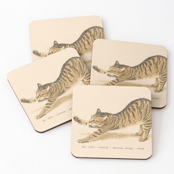 Item preview, Morning Energy Stretching Tabby Cat: Vintage Linocut designed and sold by HowHoFamily.