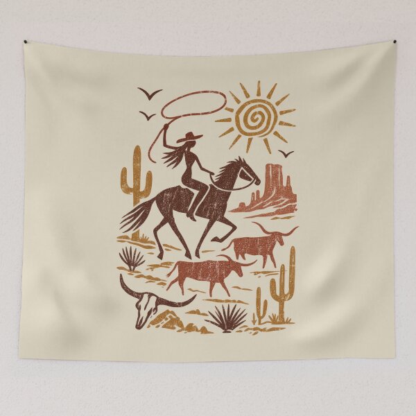 Item preview, Vintage Primitive Cowgirl Western Petroglyph Horse & Cattle Desert Art designed and sold by JonelCrafts.