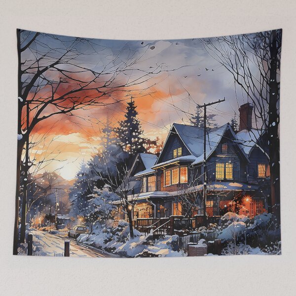 Item preview, Winter's Muse - Snowy Winter Night In A Slumbering Neighborhood - Landscape Art - Watercolor Art designed and sold by CastleBySea.