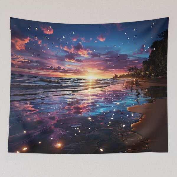 Item preview, Celestial Shoreline - Sunset With A Starry Sky Over A Calm Ocean - Landscape Art - Watercolor Art designed and sold by CastleBySea.