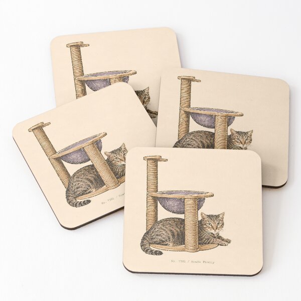 Item preview, Resting Tabby Cat at Cat Tree: Vintage Linocut designed and sold by HowHoFamily.