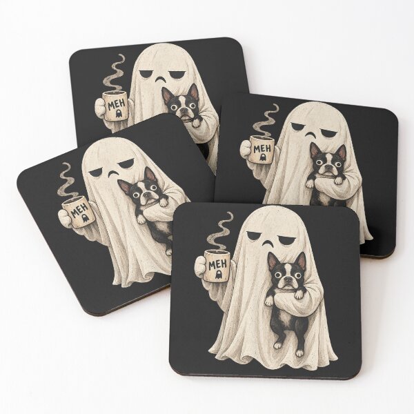 Item preview, Grumpy Ghost Boston Terrier Holding Coffee Spooky Design designed and sold by leevekaArt.