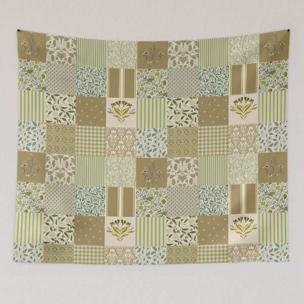 Item preview, Vintage floral patchwork cheater quilt - Sage green olive and cream designed and sold by ahahdodo.