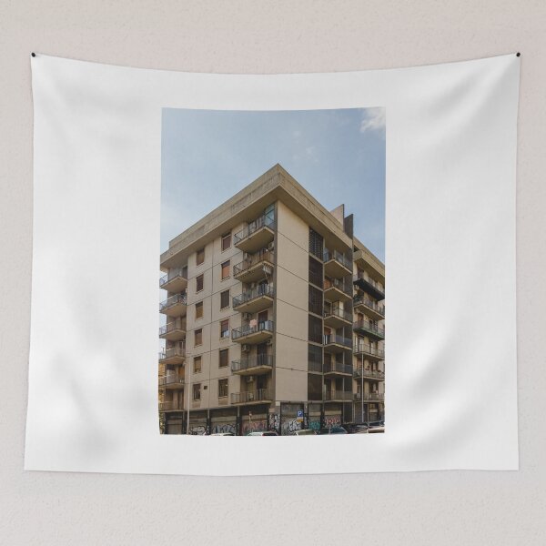 Item preview, Urban Apartment Building With Balconies Under A Clear Sky And Graffiti At Street Level designed and sold by Nmallia.