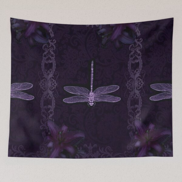 Item preview, Purple whimsigoth aesthetic, Dragonfly & Floral Filigree - Dark Whimsigoth Damask designed and sold by BrontesWhimsyStore.