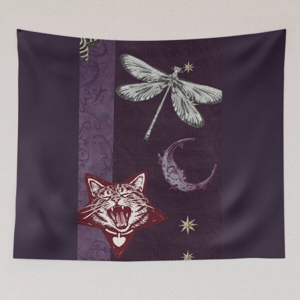 Item preview, Purple whimsigoth aesthetic, Yawning Cat & Celestial Dragonfly - Dark Whimsigoth Collage designed and sold by BrontesWhimsyStore.